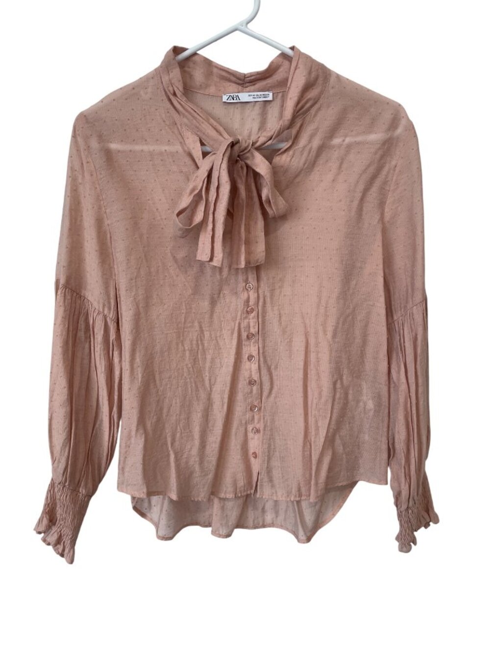 Zara Blouse Medium Button Front Polka Dot Tie Neck Long Sleeve Pink Victorian